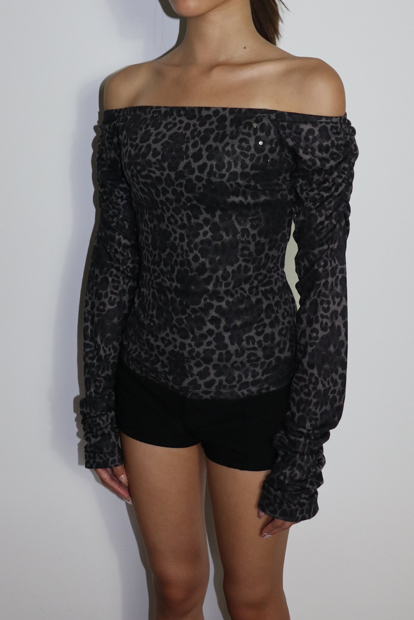 Black Leopard Stud Off-Shoulder Tee