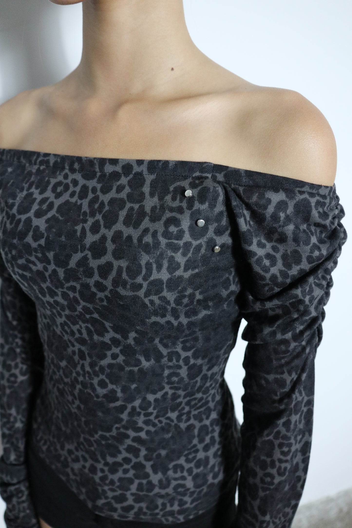 Black Leopard Stud Off-Shoulder Tee
